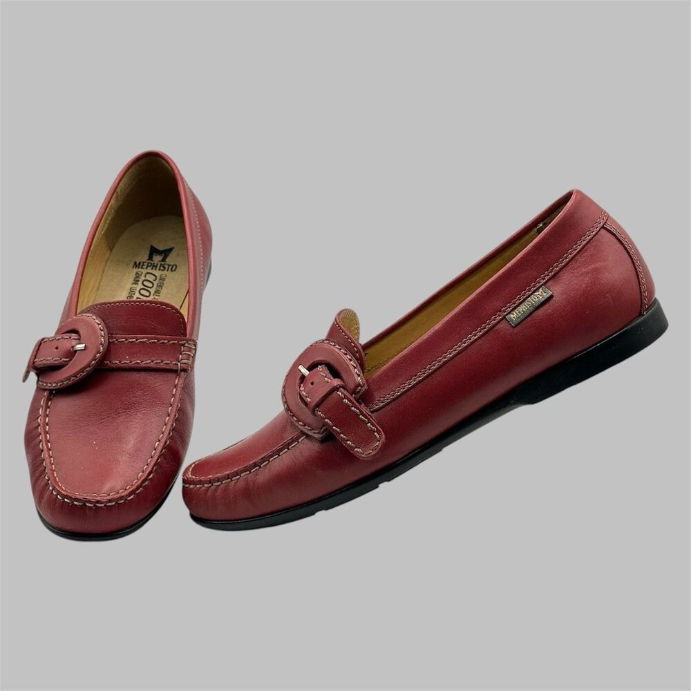 Mephisto Leather Loafers Womens Size US 8 EU 5.5 Red Comfort Shoes Buckle - Picture 1 of 12